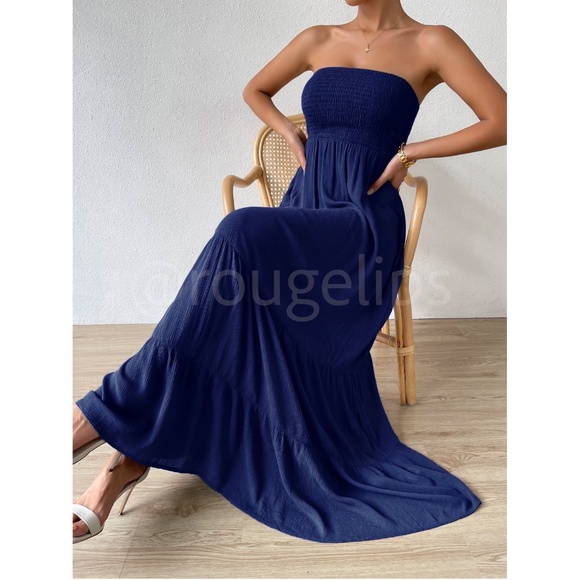 Strapless Maxi Dress Long Navy Blue Shirred Top Flared - Picture 3 of 8